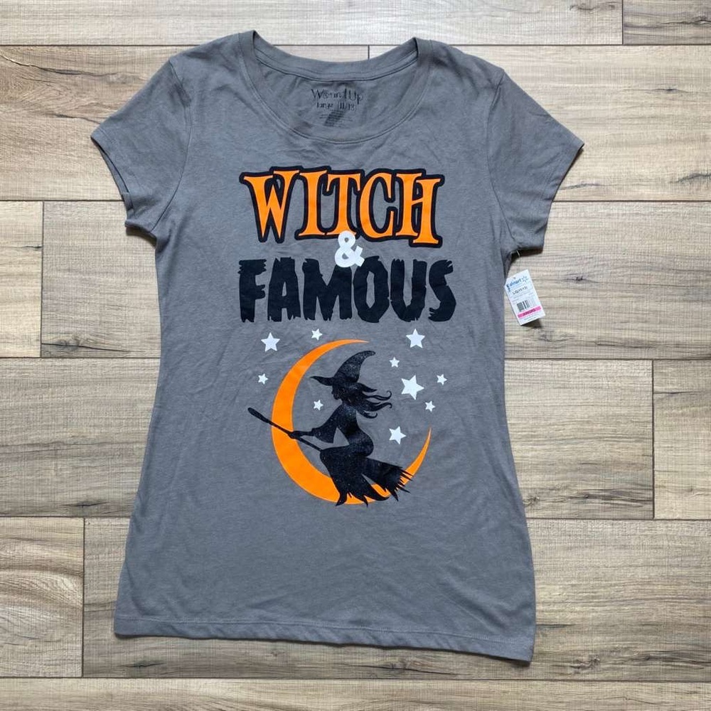 Wound Up Womens Junior Witch & Famous‎ Short Sleeve Halloween T-Shirt Large Gray